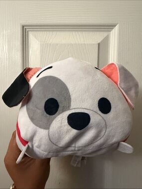 Plush Dog Squish Toy - White, Gray, Black, Pink Accents